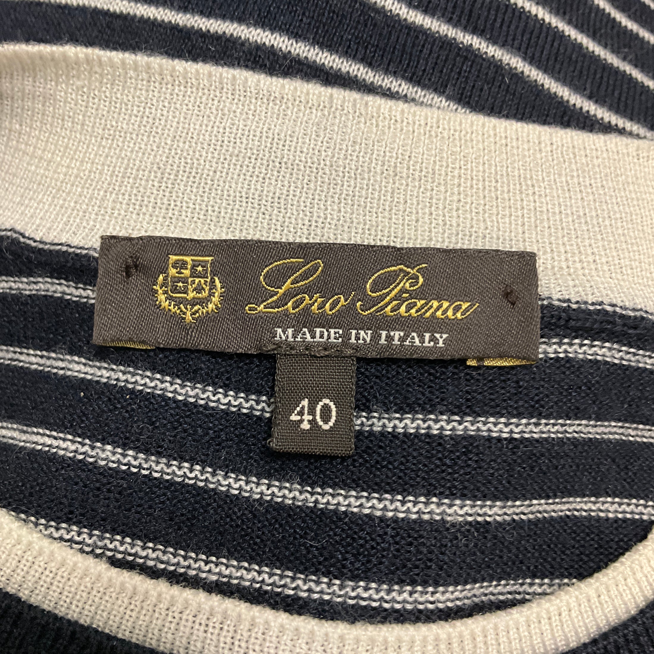 Loro Piana Navy Blue / White Striped Short Sleeved Cashmere and Silk Knit Fontvieille Girocollo Sweater