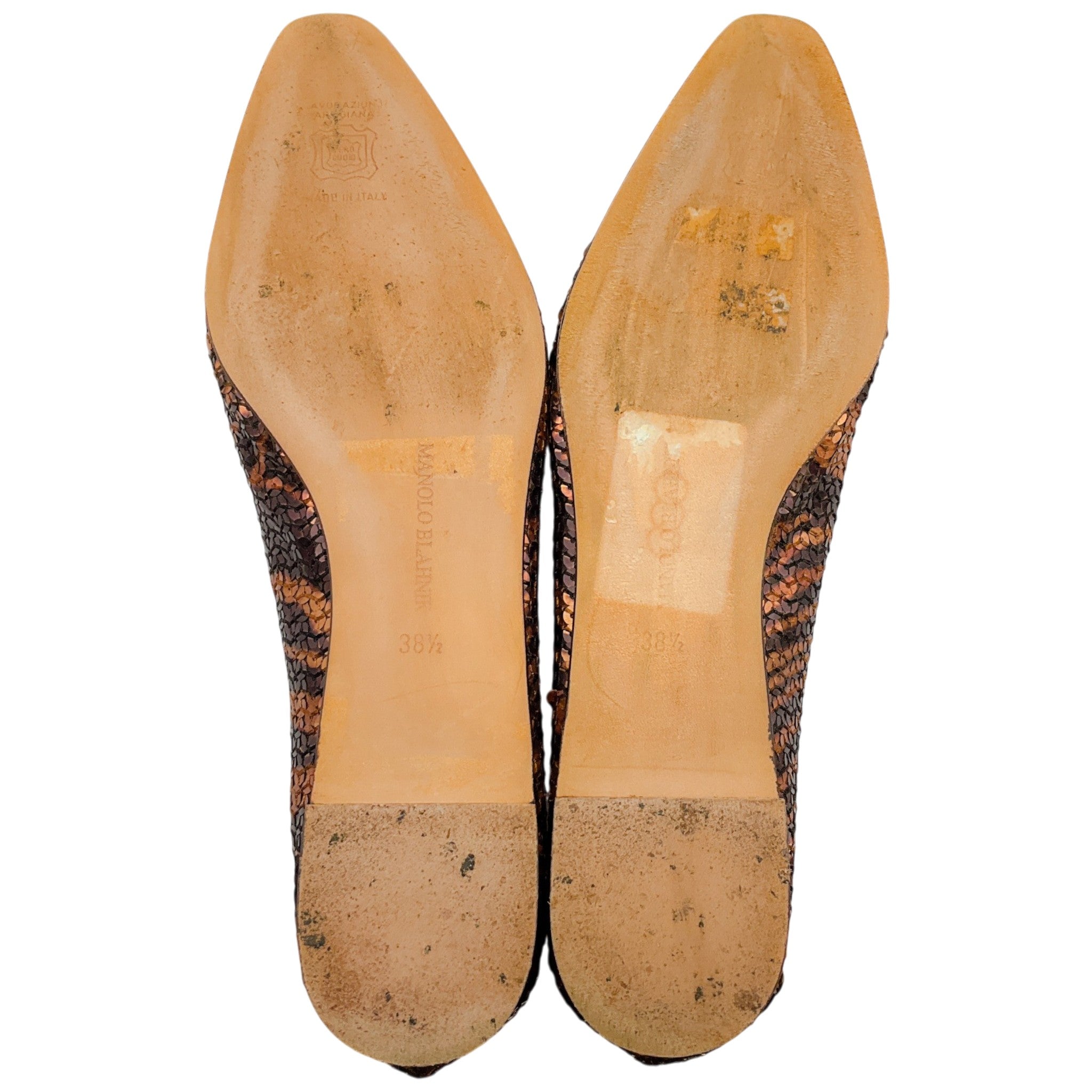 Manolo Blahnik Brown Sequined Animal Print Flats