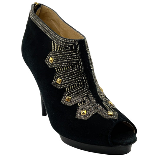 Oscar de la Renta Black Suede Peep Toe Booties with Gold Embroidery
