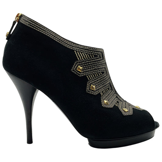 Oscar de la Renta Black Suede Peep Toe Booties with Gold Embroidery