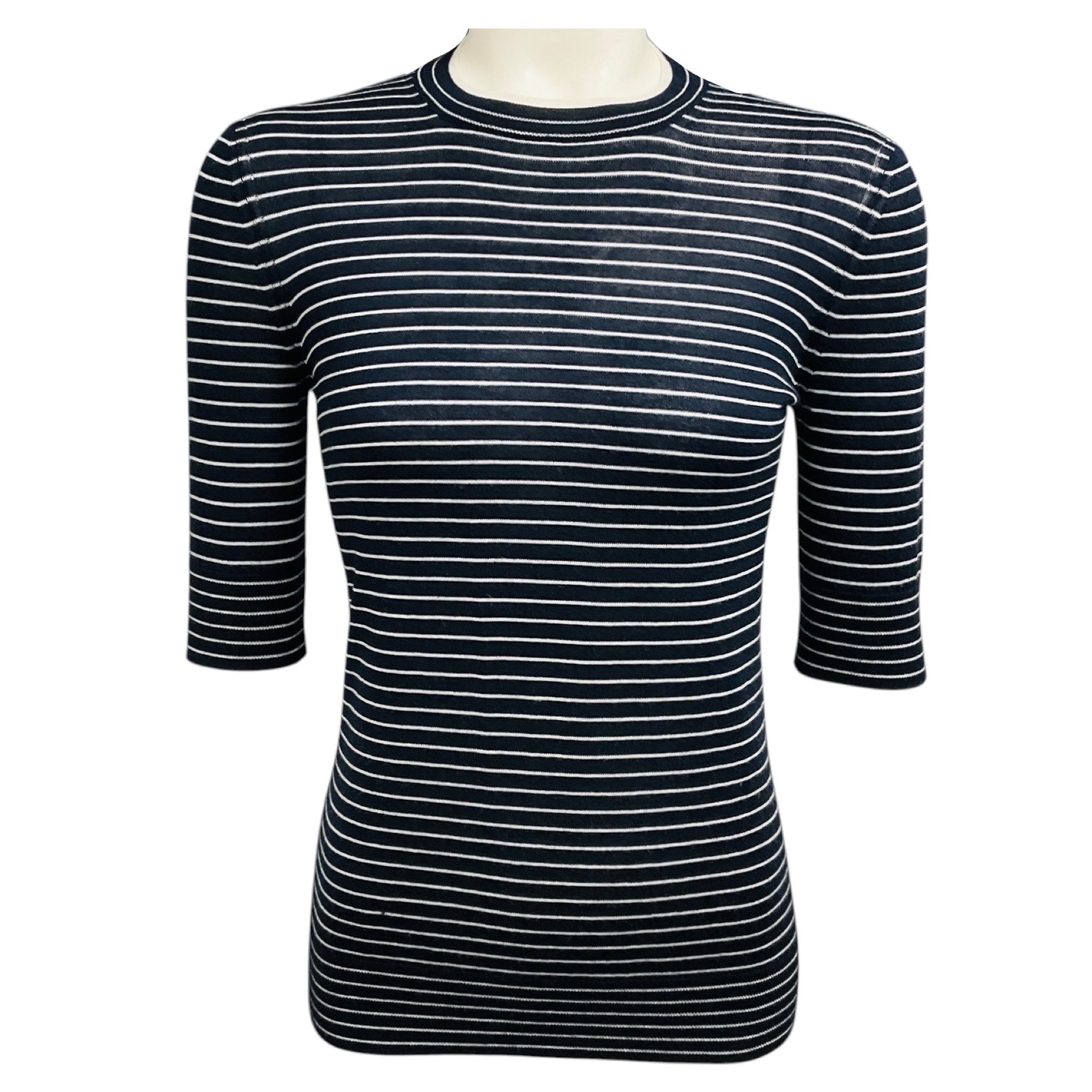 Loro Piana Navy Blue / White Striped Short Sleeved Cashmere and Silk Knit Fontvieille Girocollo Sweater