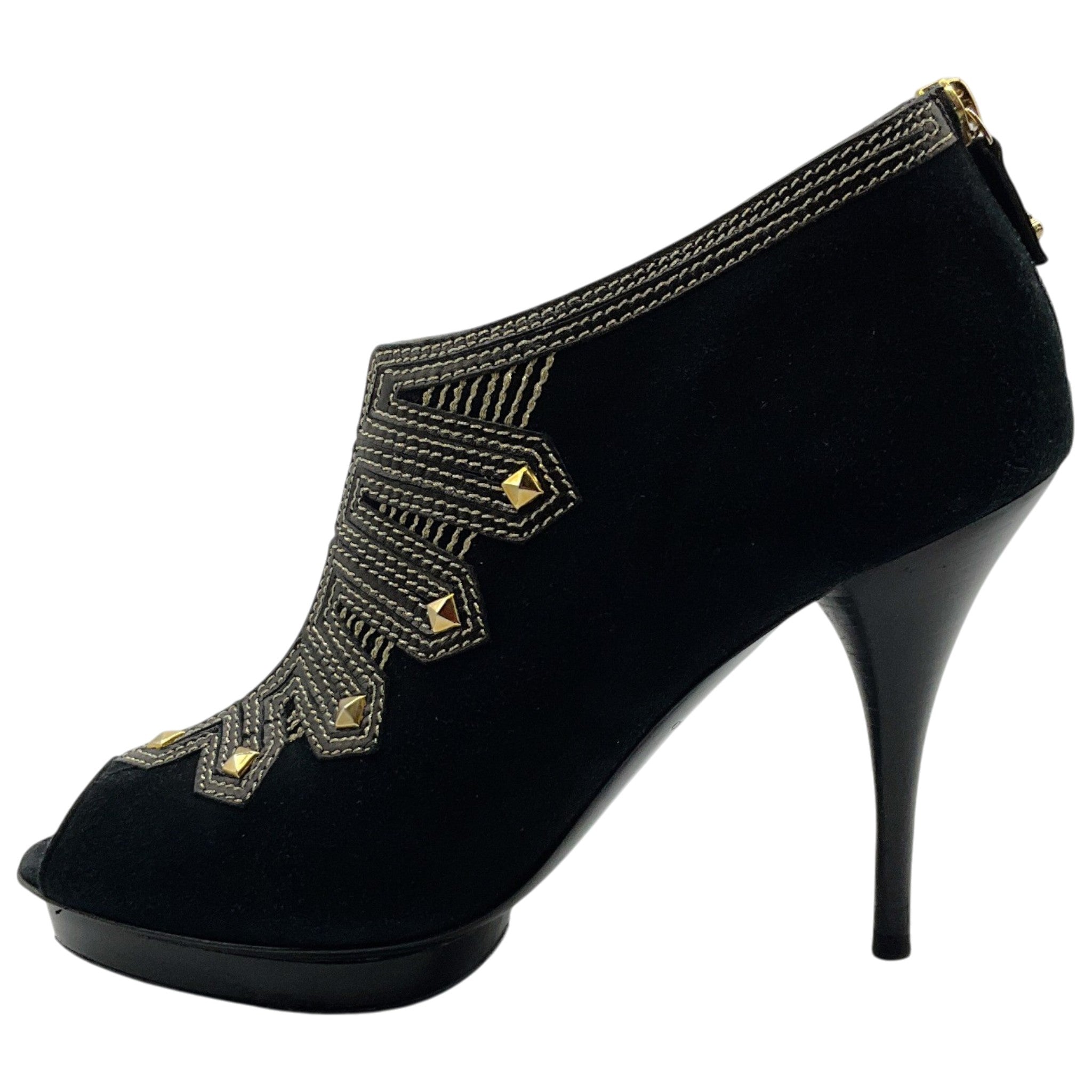 Oscar de la Renta Black Suede Peep Toe Booties with Gold Embroidery
