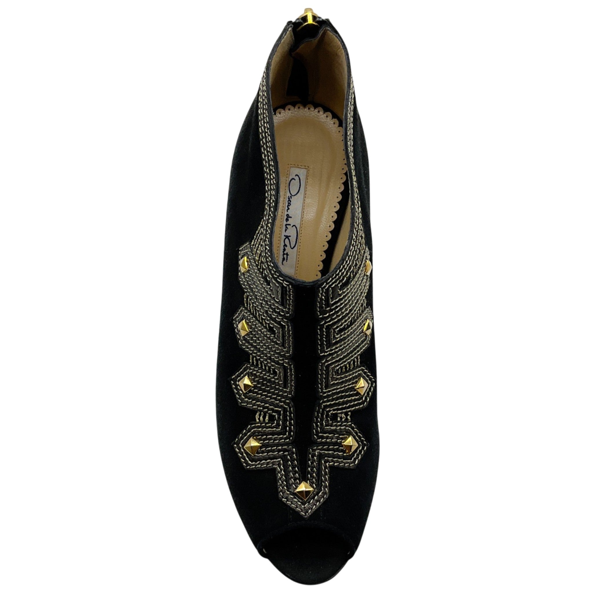 Oscar de la Renta Black Suede Peep Toe Booties with Gold Embroidery
