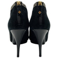 Load image into Gallery viewer, Oscar de la Renta Black Suede Peep Toe Booties with Gold Embroidery
