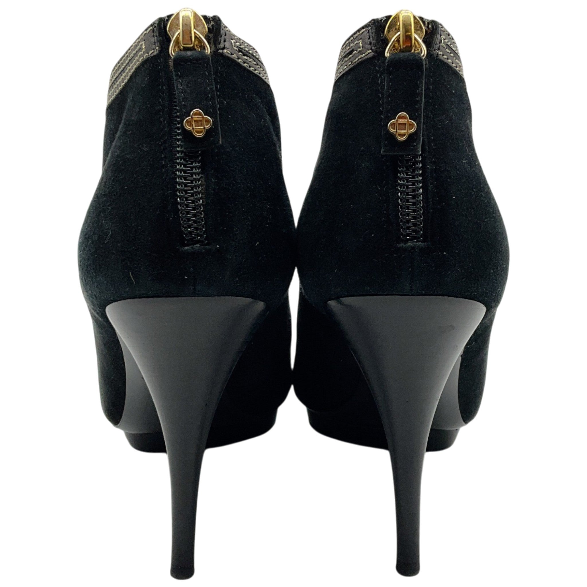 Oscar de la Renta Black Suede Peep Toe Booties with Gold Embroidery