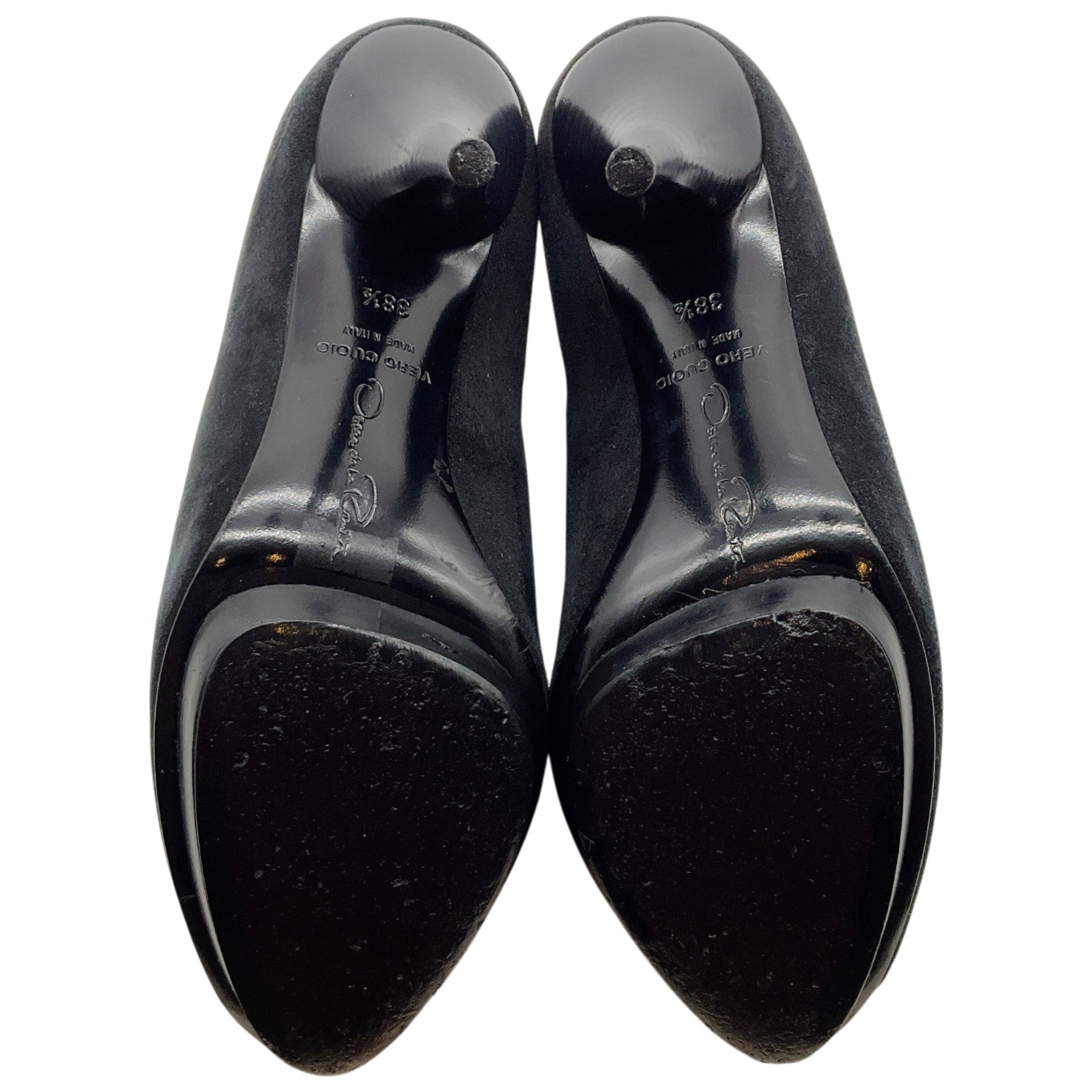 Oscar de la Renta Black Suede Peep Toe Booties with Gold Embroidery