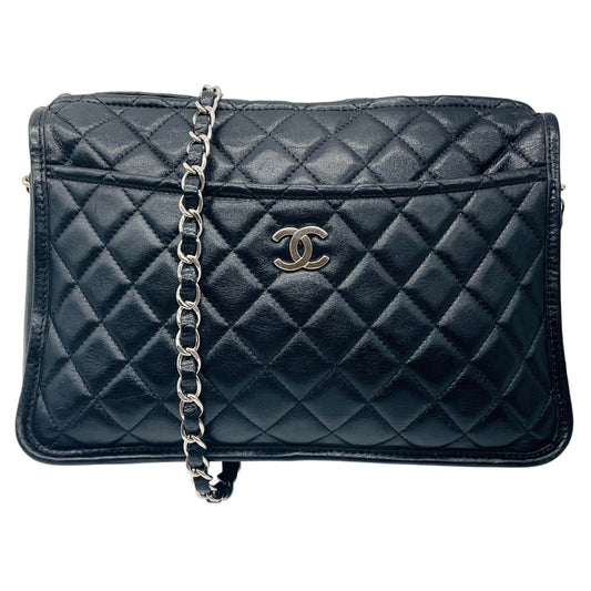 Chanel Black / Silver Hardware CC Logo Quilted Aged Calfskin Leather Shoulder Bag