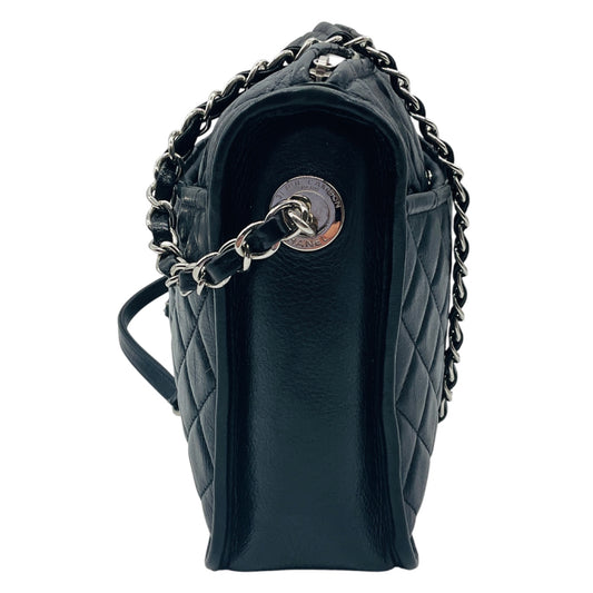 Chanel Black / Silver Hardware CC Logo Quilted Aged Calfskin Leather Shoulder Bag