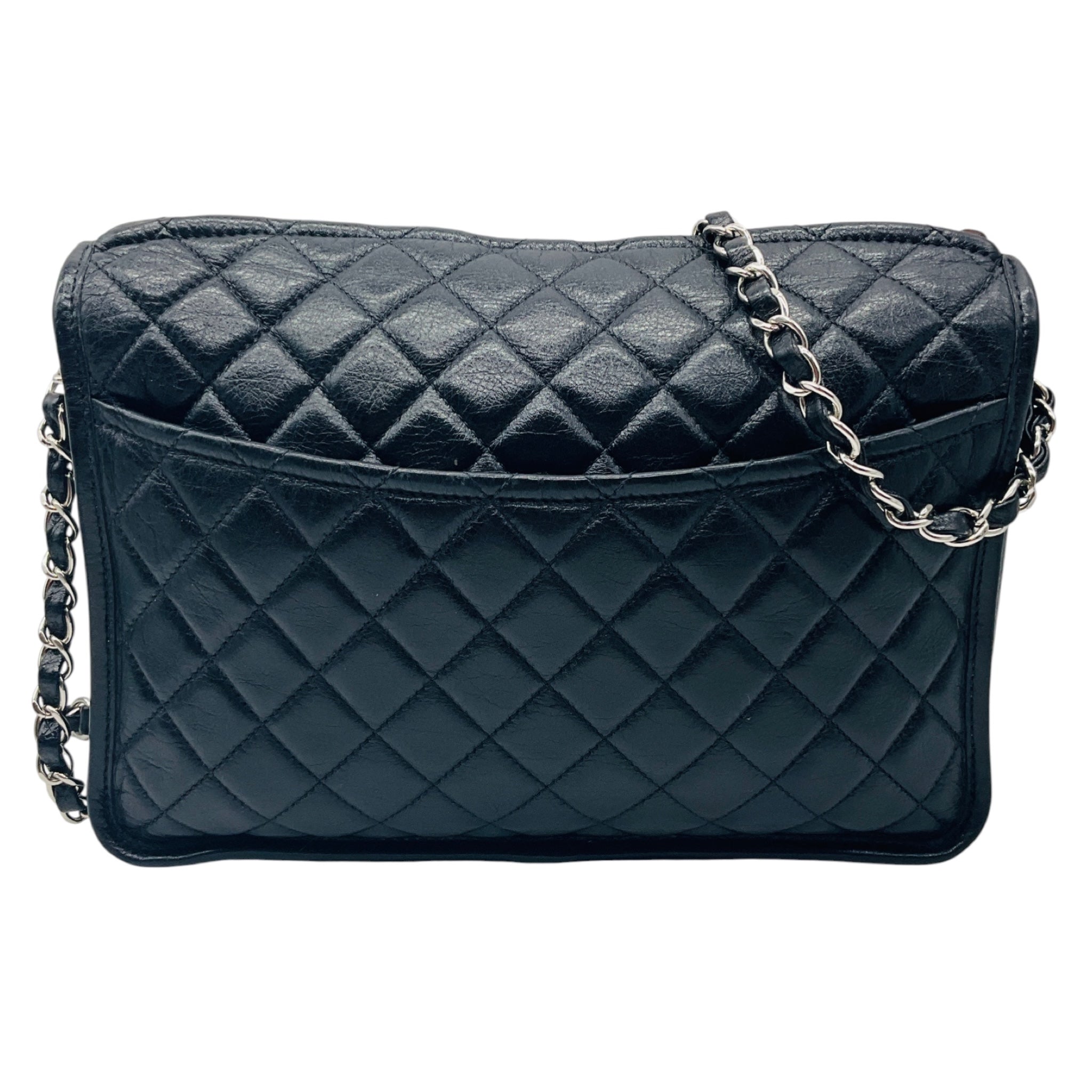 Chanel Black / Silver Hardware CC Logo Quilted Aged Calfskin Leather Shoulder Bag
