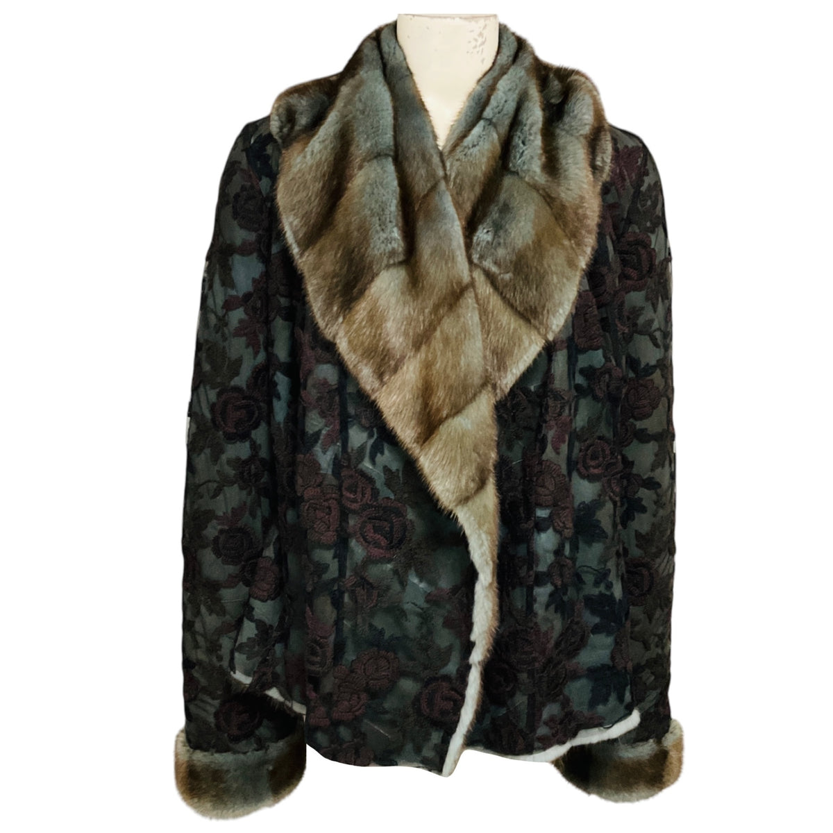 Giuliana Teso Slate Blue / Purple Floral Embroidered Mesh Tulle Lace Jacket with Mink Fur