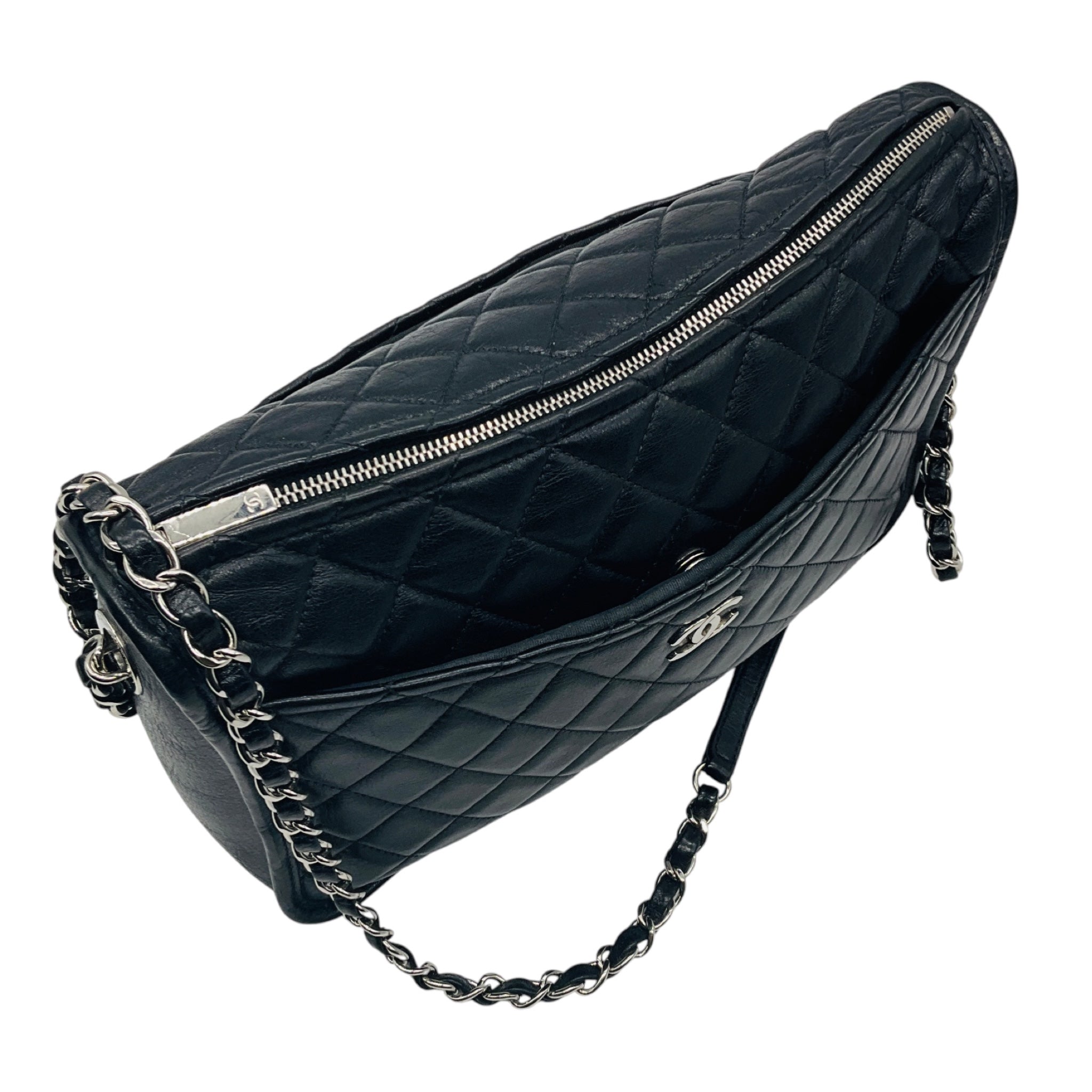 Chanel Black / Silver Hardware CC Logo Quilted Aged Calfskin Leather Shoulder Bag