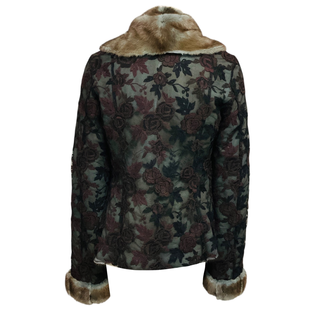 Giuliana Teso Slate Blue / Purple Floral Embroidered Mesh Tulle Lace Jacket with Mink Fur