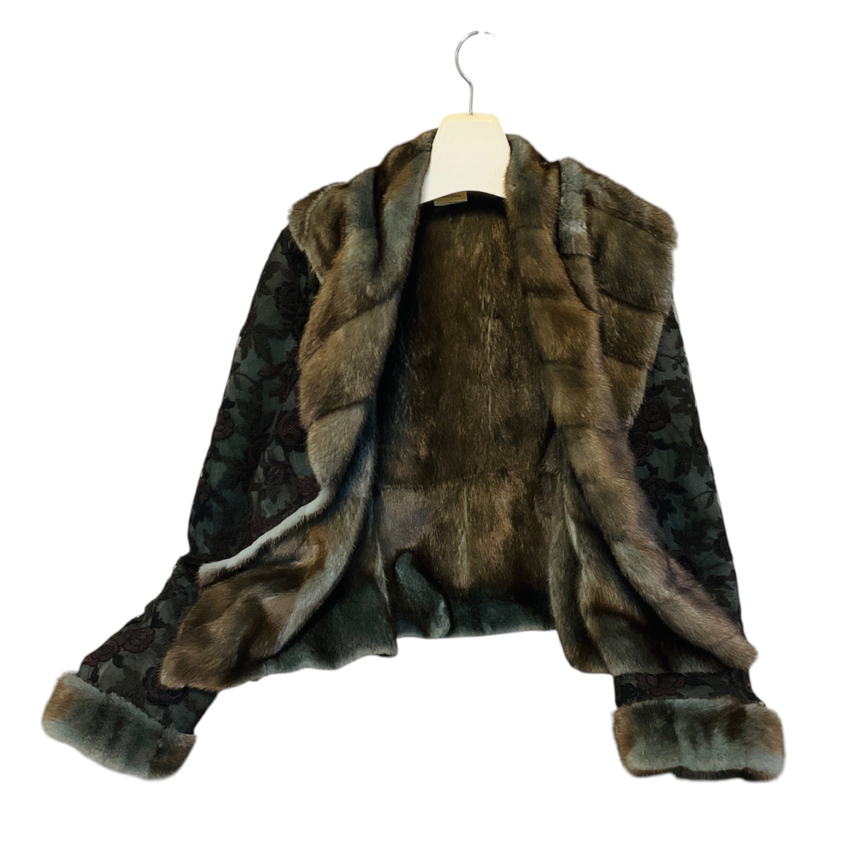Giuliana Teso Slate Blue / Purple Floral Embroidered Mesh Tulle Lace Jacket with Mink Fur