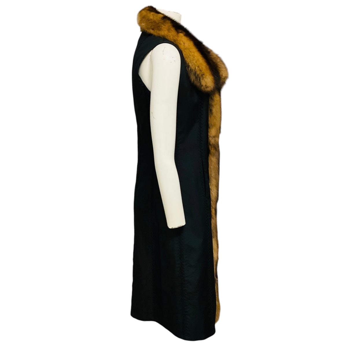 J. Mendel Black Long Silk Vest with Sable Fur Trim