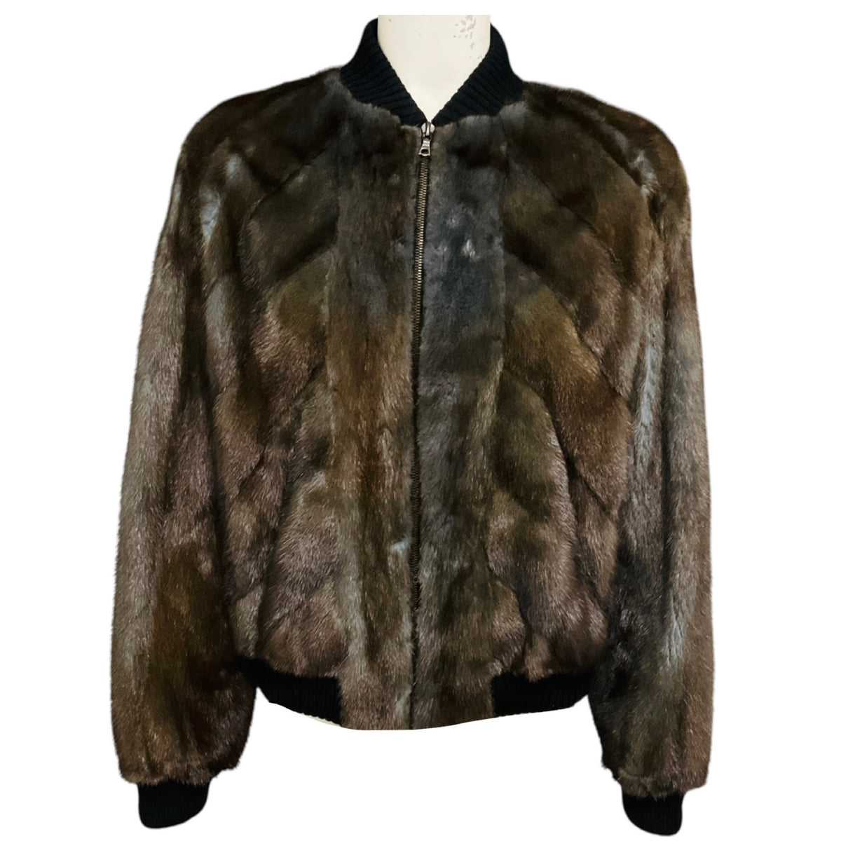 J. Mendel Slate Blue / Brown Mink Fur Zip Front Bomber Jacket with Black Ribbed Knit Trim