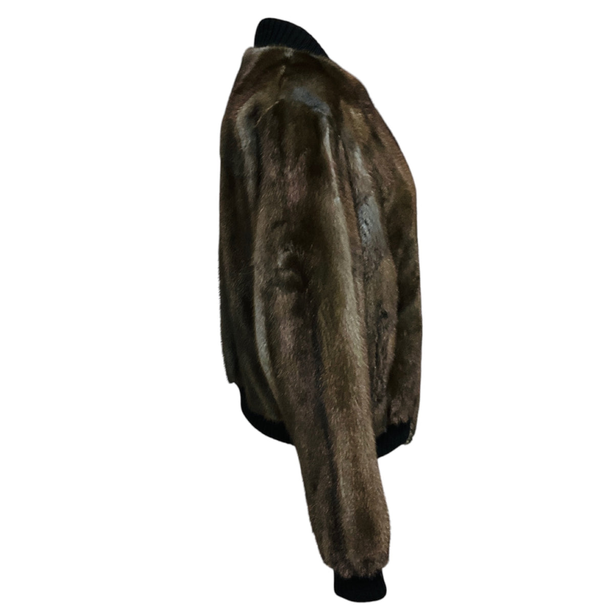 J. Mendel Slate Blue / Brown Mink Fur Zip Front Bomber Jacket with Black Ribbed Knit Trim