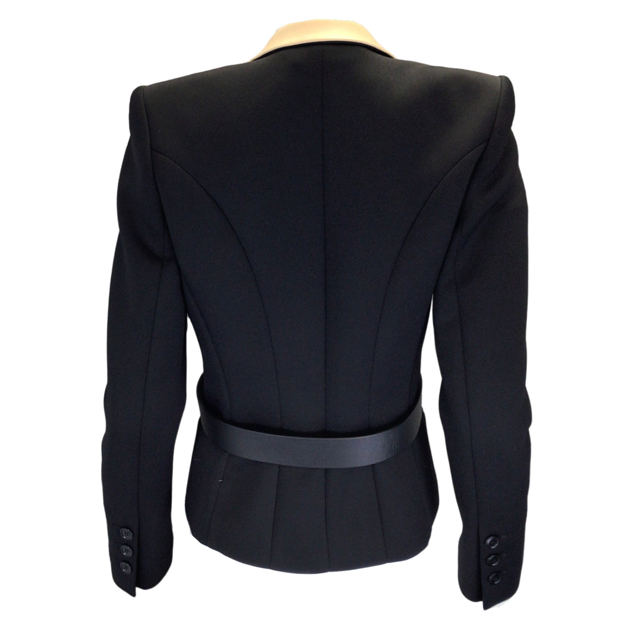 Barbara Bui Black / Beige Lambskin Leather Trimmed Leather Belted Technical Fabric Blazer