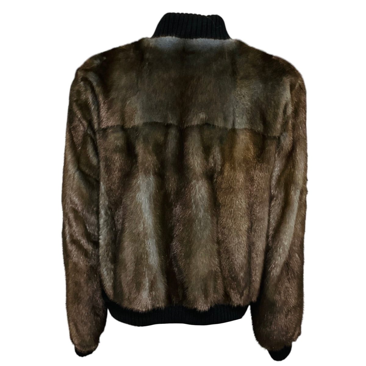 J. Mendel Slate Blue / Brown Mink Fur Zip Front Bomber Jacket with Black Ribbed Knit Trim