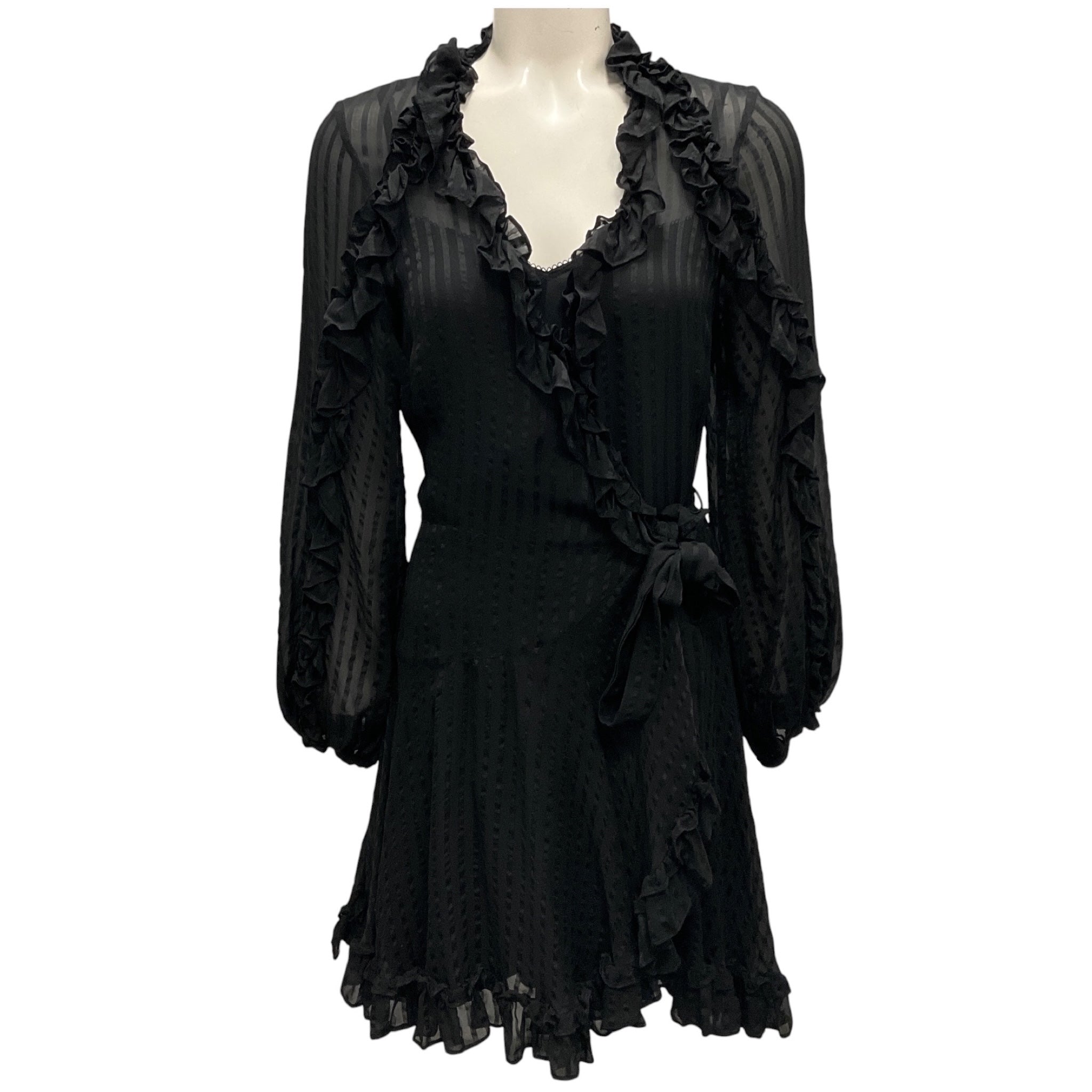 Zimmermann Black Ruffled Silk Chiffon Wrap Dress with Slip