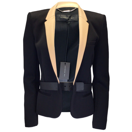 Barbara Bui Black / Beige Lambskin Leather Trimmed Leather Belted Technical Fabric Blazer