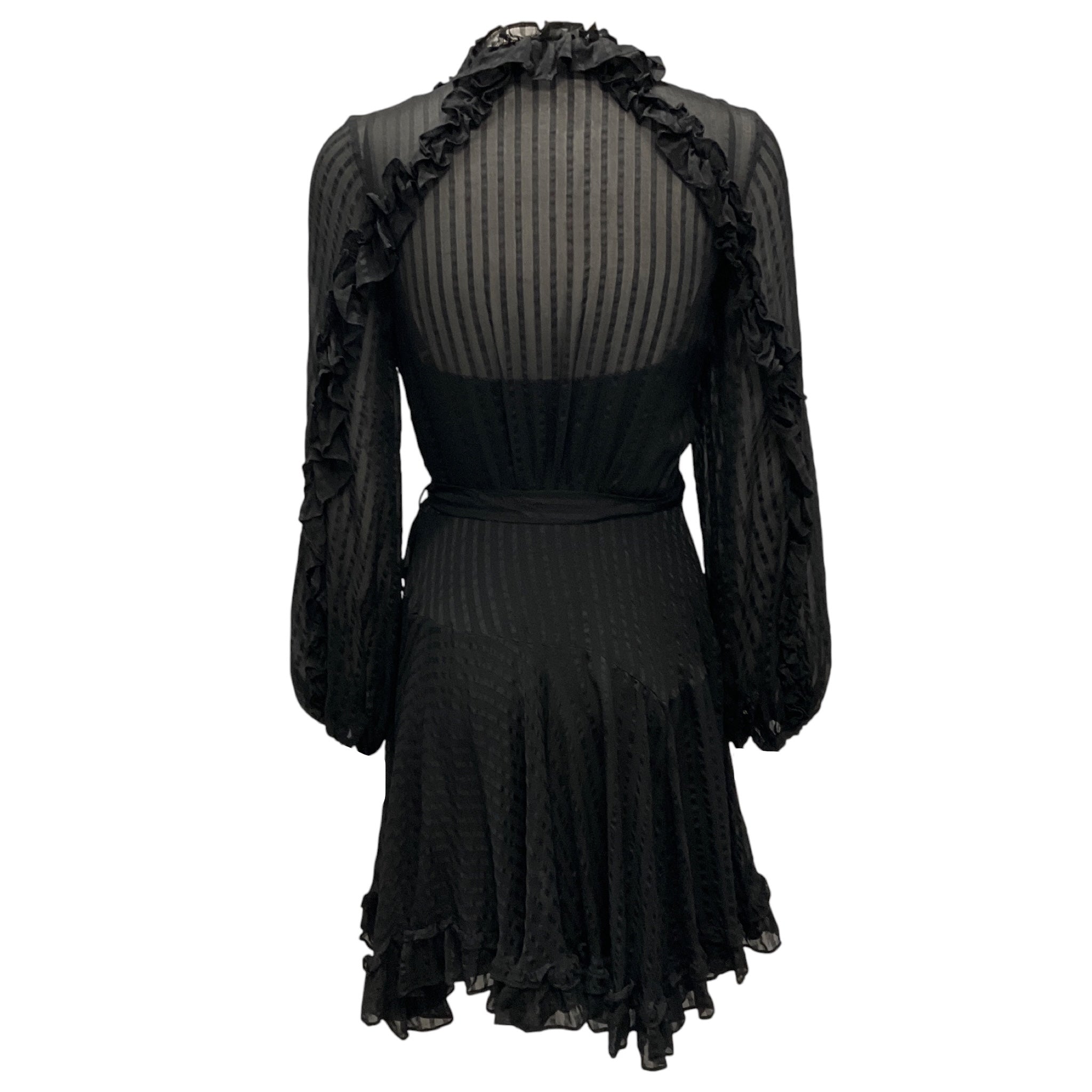 Zimmermann Black Ruffled Silk Chiffon Wrap Dress with Slip