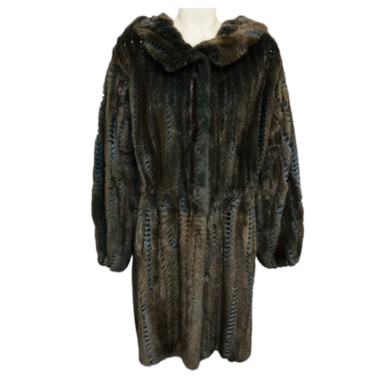 Giuliana Teso Brown / Slate Blue Hooded Mink Fur Coat with Perforated Detail
