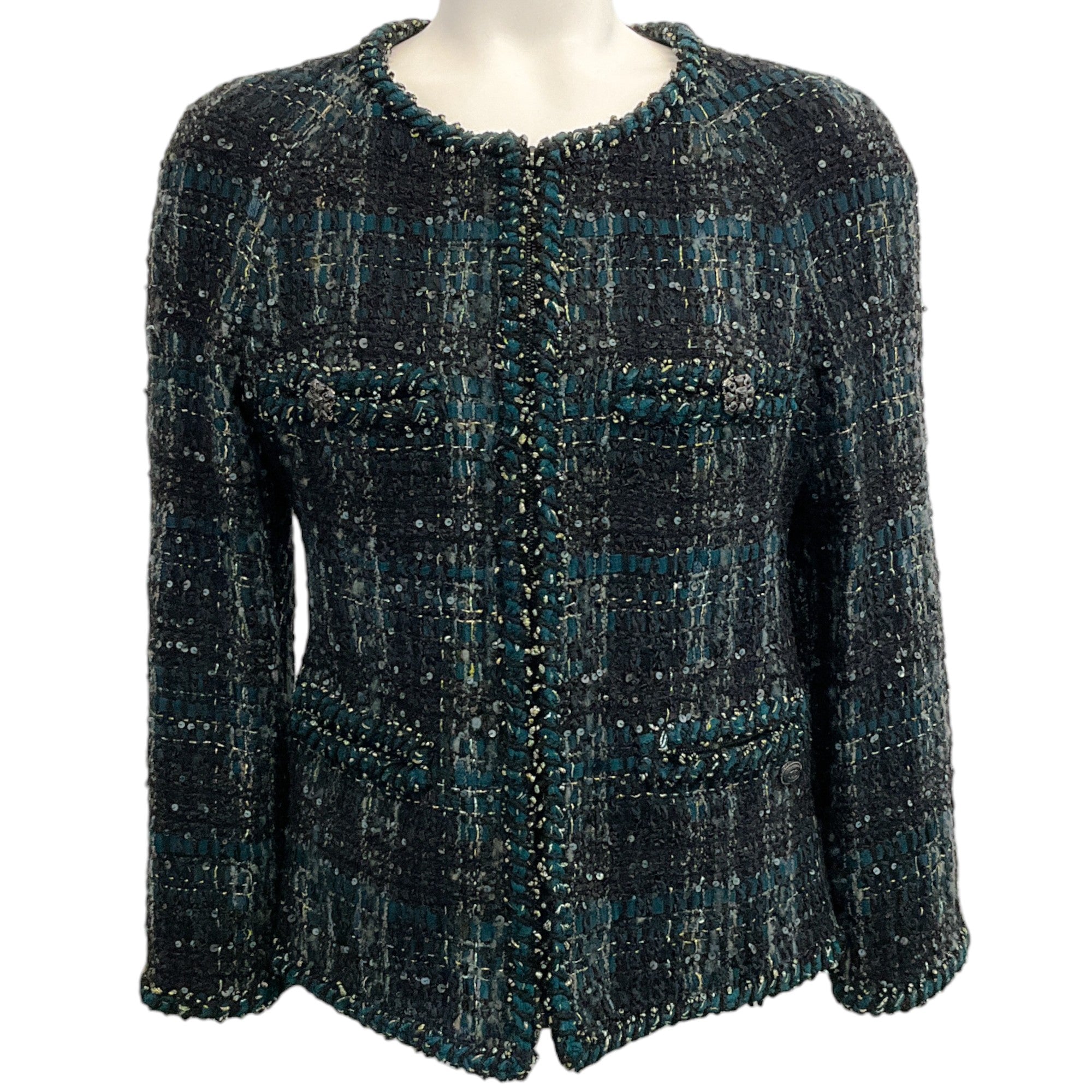 Chanel Dark Teal / Black Tweed Jacket with Sequins
