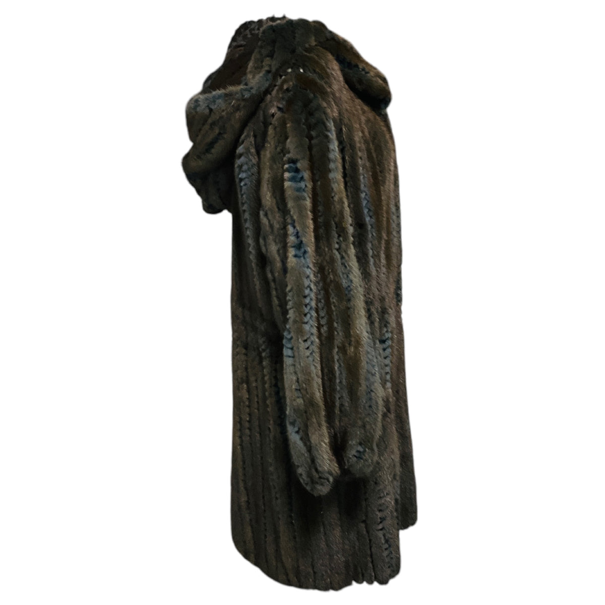Giuliana Teso Brown / Slate Blue Hooded Mink Fur Coat with Perforated Detail