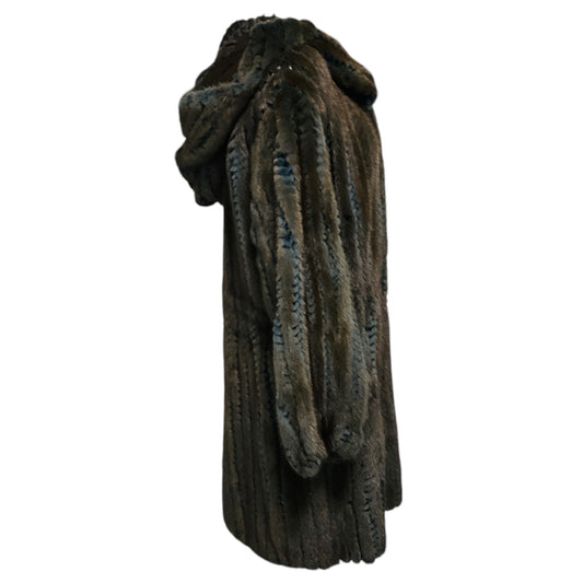 Giuliana Teso Brown / Slate Blue Hooded Mink Fur Coat with Perforated Detail