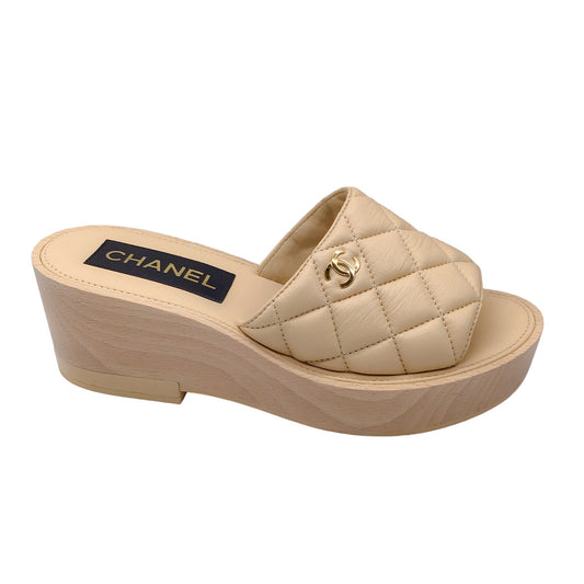 Chanel Beige / Gold CC Logo Quilted Lambskin Leather Wooden Platform Sandals