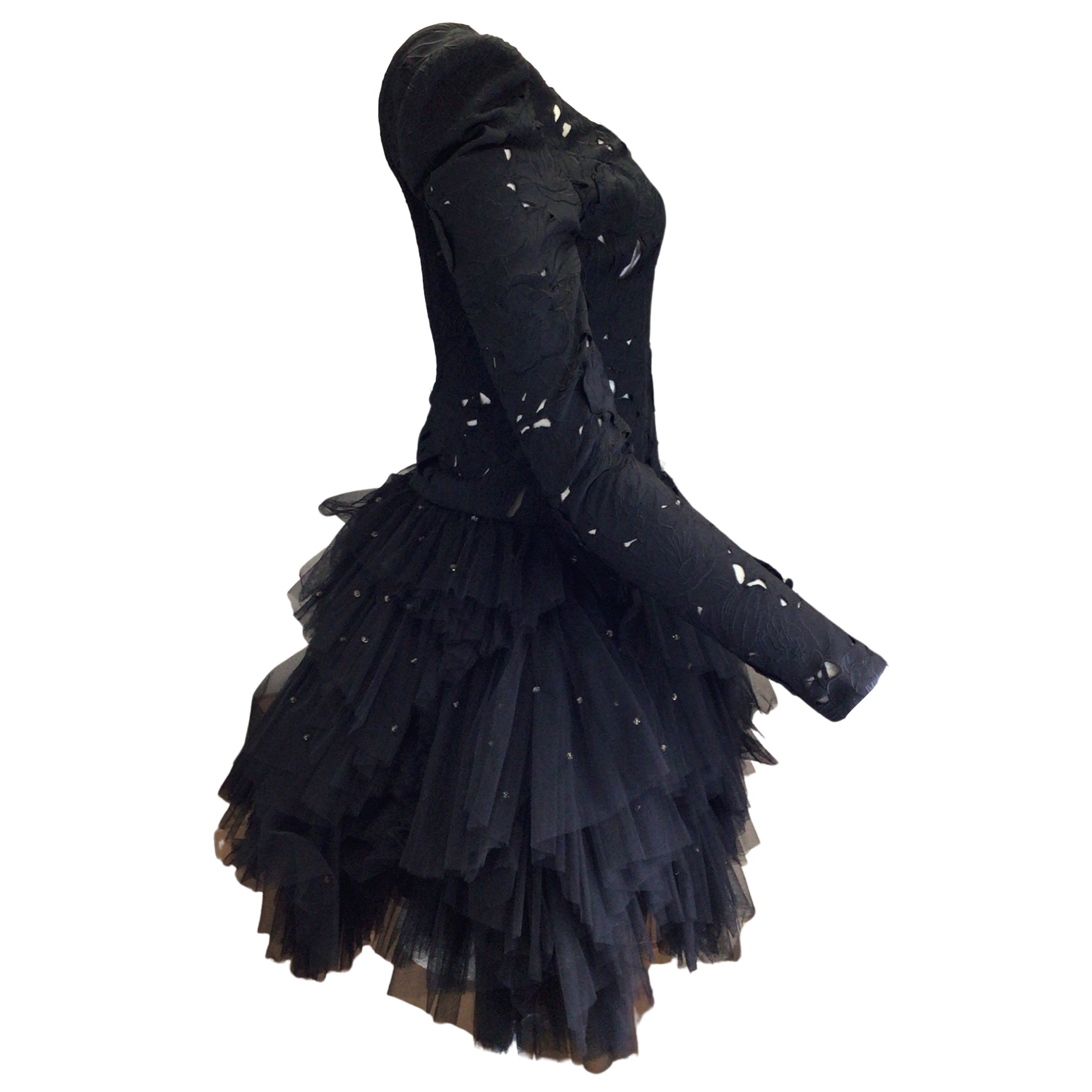 Leo Lin Black Rhinestone Embellished Mesh Tulle Skirt Floral Lace Mini Dress