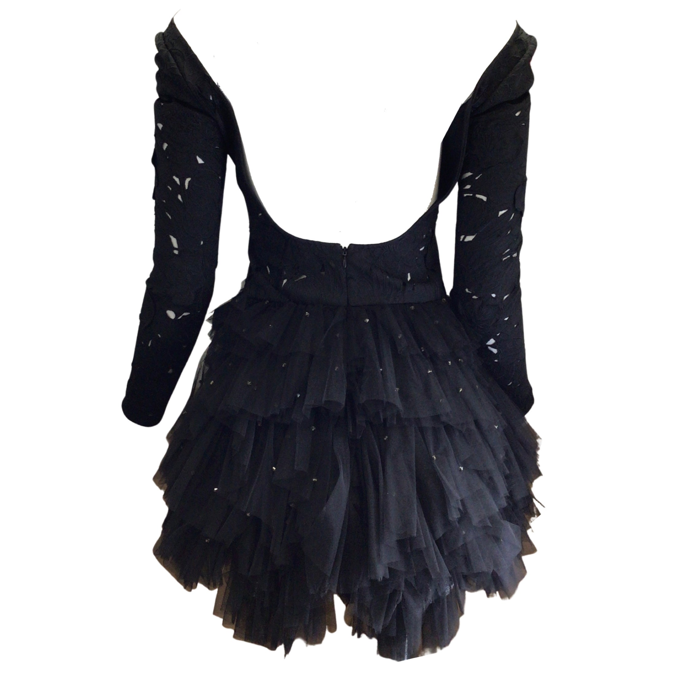 Leo Lin Black Rhinestone Embellished Mesh Tulle Skirt Floral Lace Mini Dress
