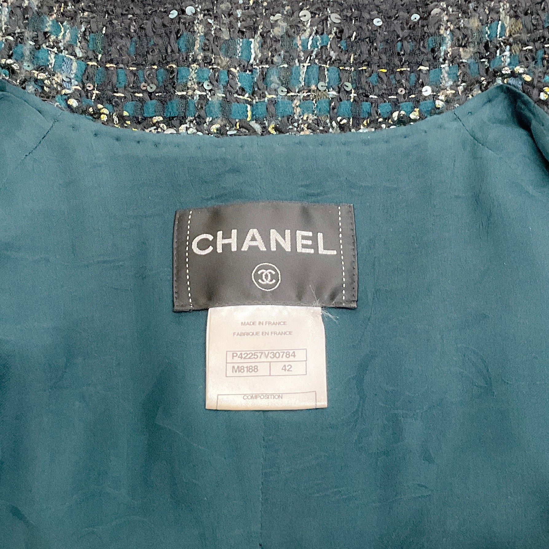 Chanel Dark Teal / Black Tweed Jacket with Sequins