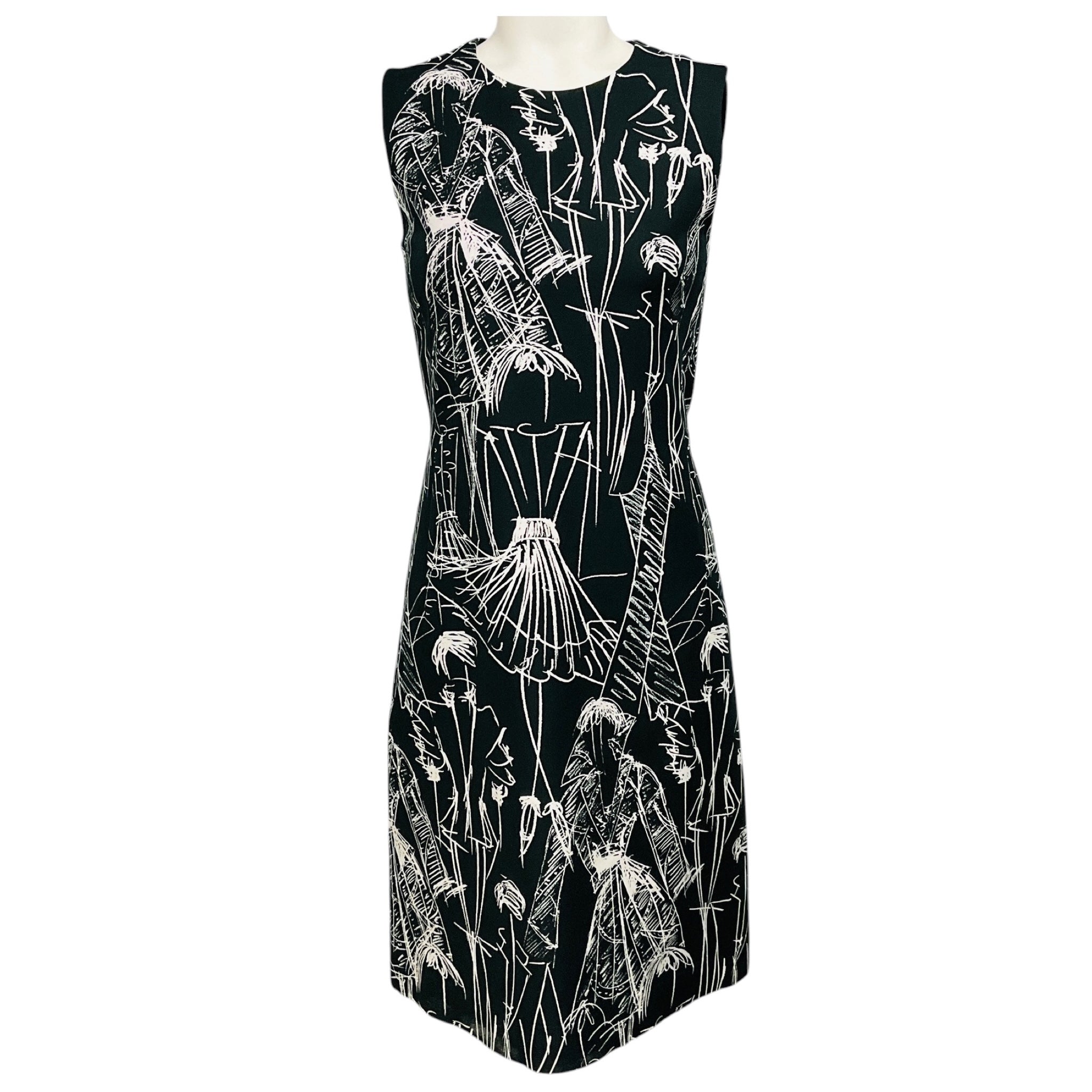 Akris Black / White Fashion Print Sleeveless Cotton and Silk Midi Dress