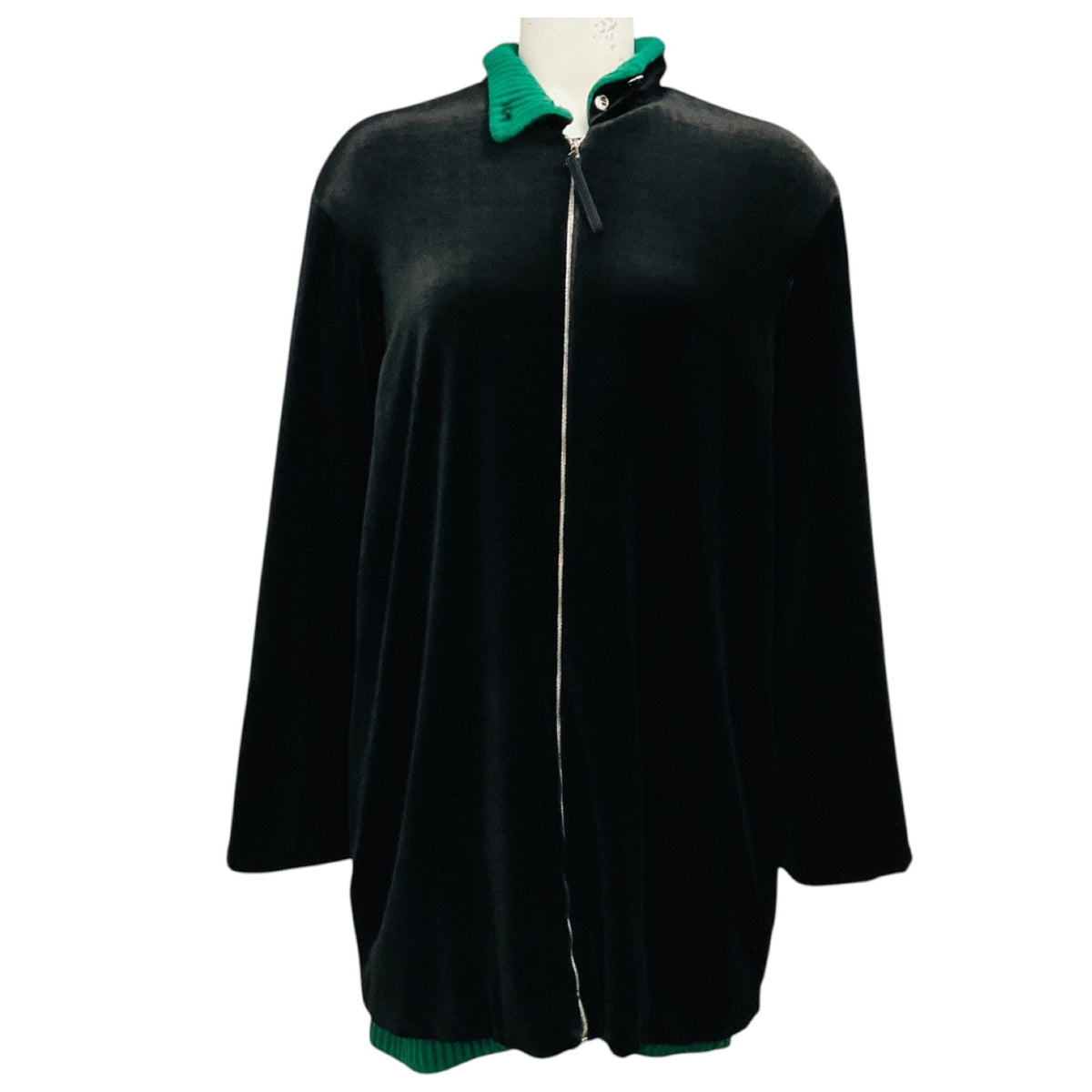 Gianfranco Ferre Vintage Black Velvet Zip Front Jacket with Green Ribbed Knit Trim