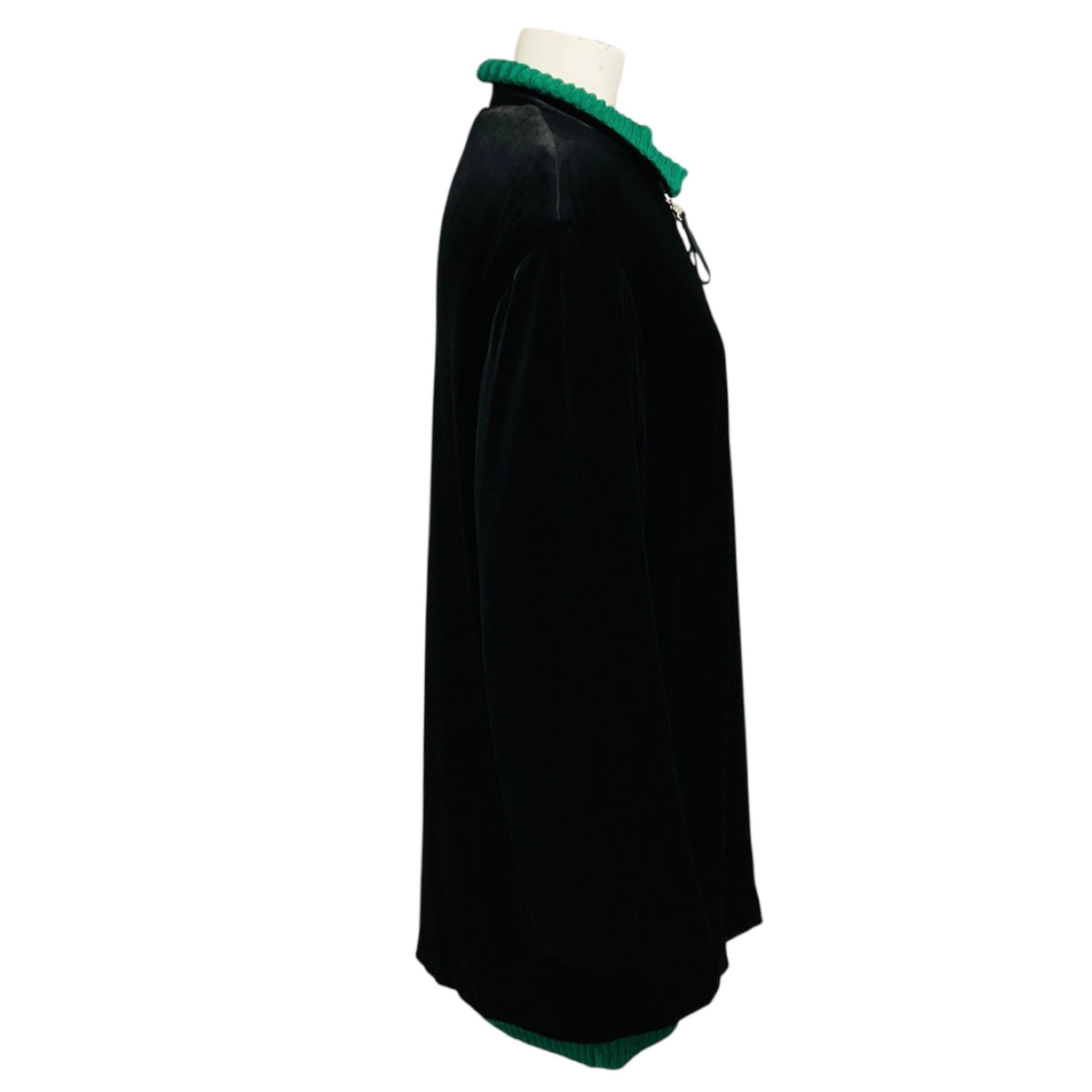Gianfranco Ferre Vintage Black Velvet Zip Front Jacket with Green Ribbed Knit Trim
