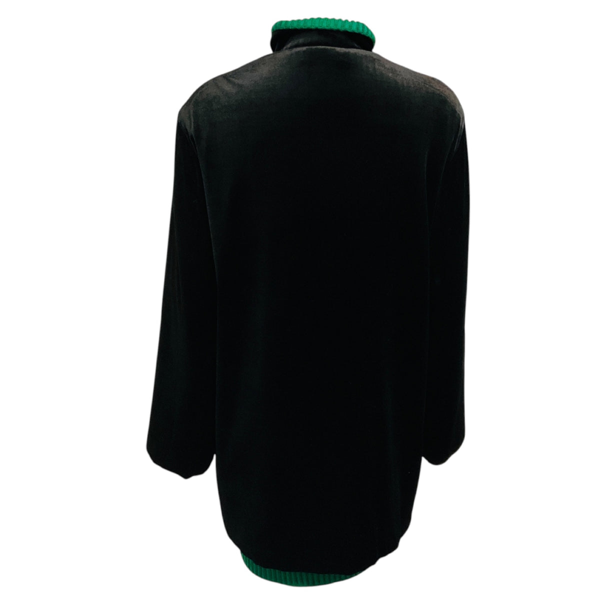 Gianfranco Ferre Vintage Black Velvet Zip Front Jacket with Green Ribbed Knit Trim