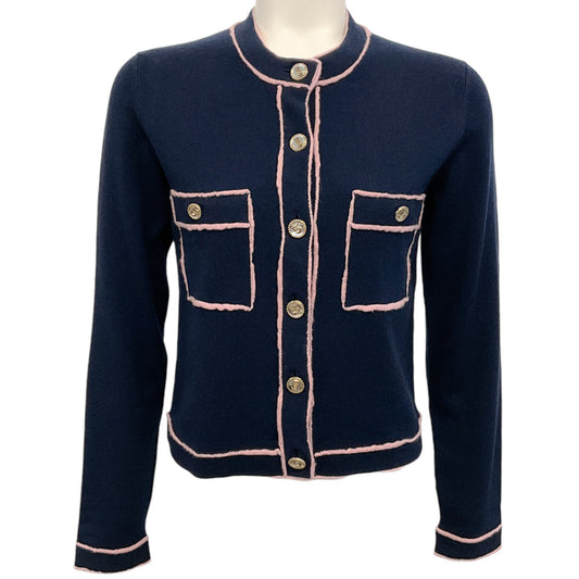 Chanel Navy Blue Cashmere Cardigan with Pink Trim
