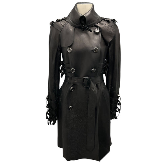 Burberry Black Double Breasted Belted Leather Trench Coat