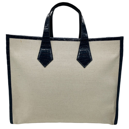 Maria Oliver Beige / Navy Blue Linen and Crocodile Martina Tote Bag 