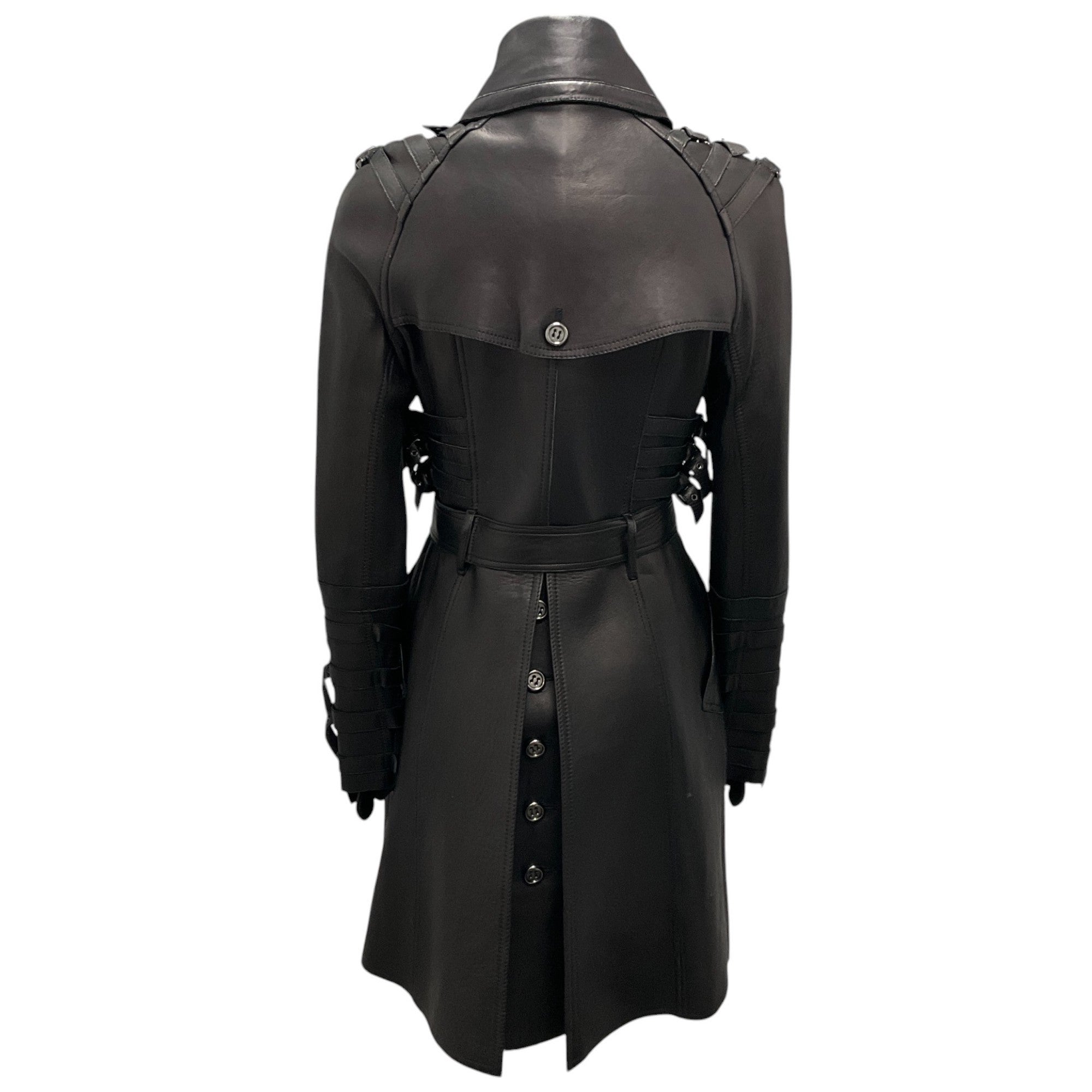 Burberry Black Double Breasted Belted Leather Trench Coat