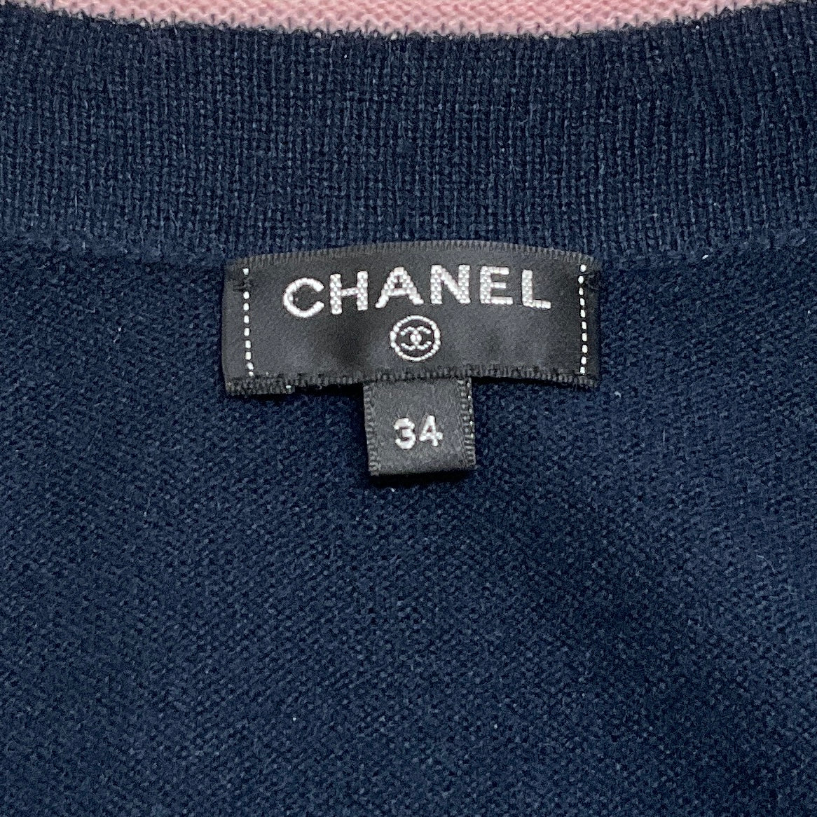 Chanel Navy Blue Cashmere Cardigan with Pink Trim