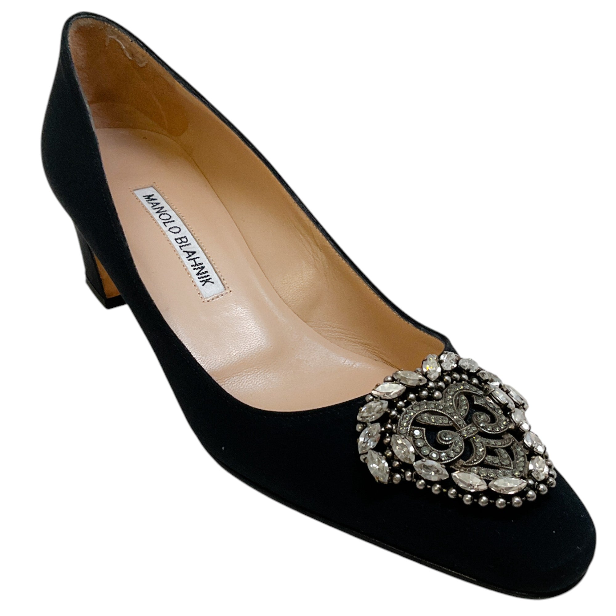 Manolo Blahnik Black Satin Okkato Pumps
