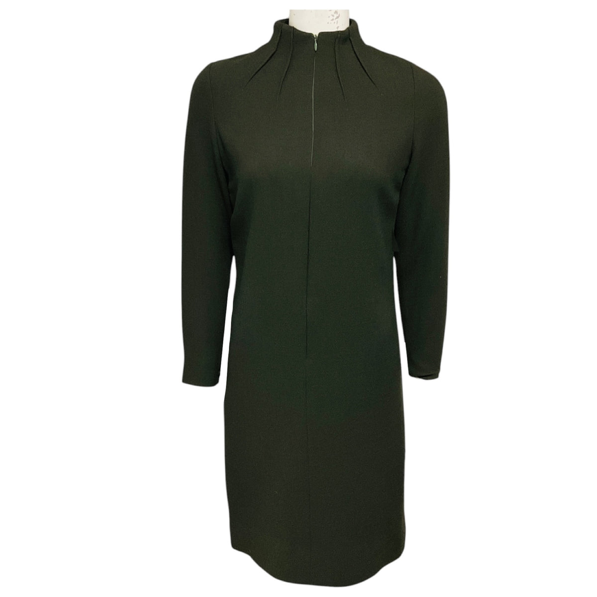 Bill Blass Vintage Olive Green Long Sleeved Zip Front Wool Gauze Dress