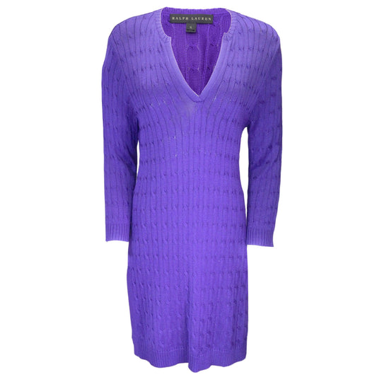 Ralph Lauren Black Label Purple Long Sleeved V-Neck Cable Knit Midi Dress