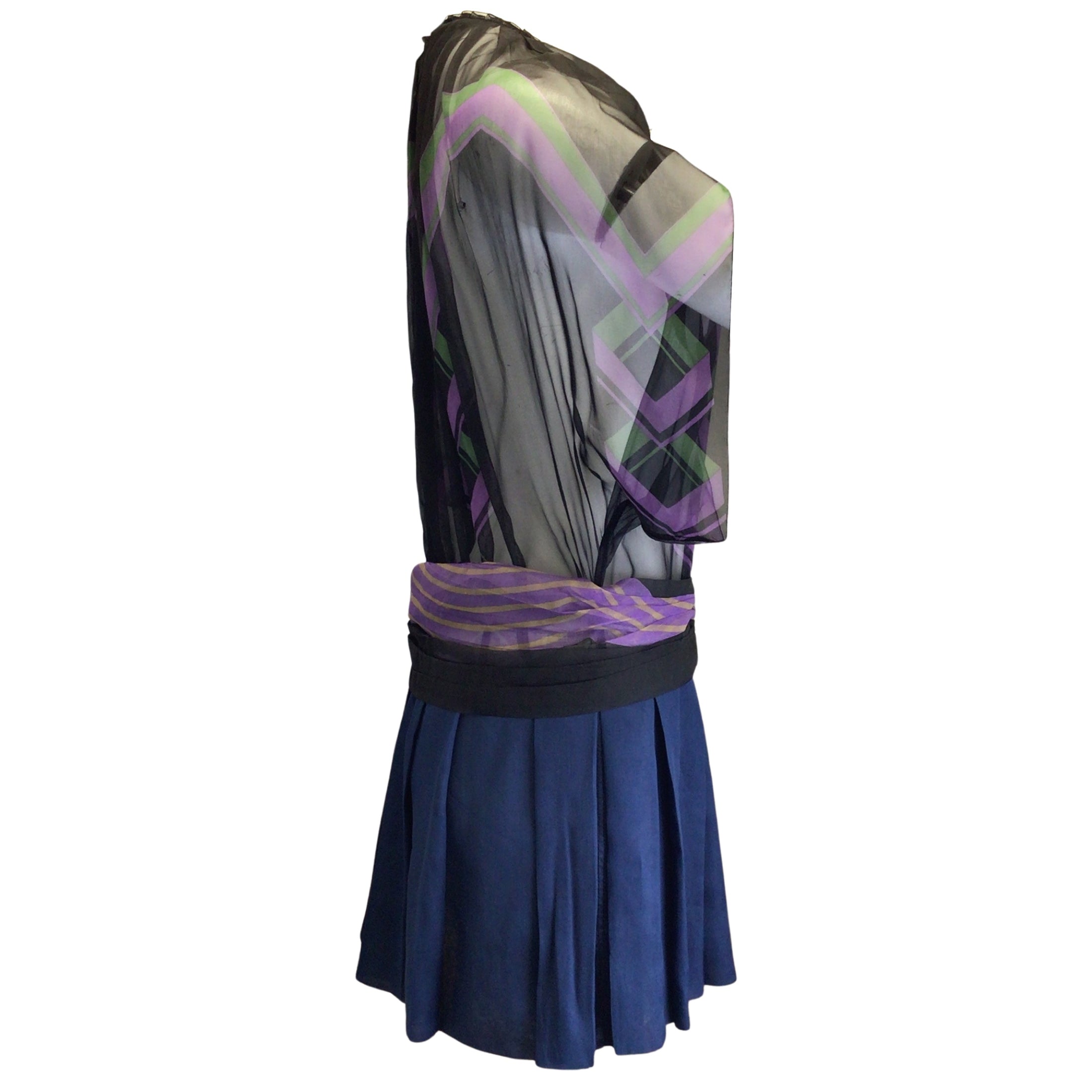 Prada Black / Purple / Green / Navy Blue Multi Pleated Silk Dress