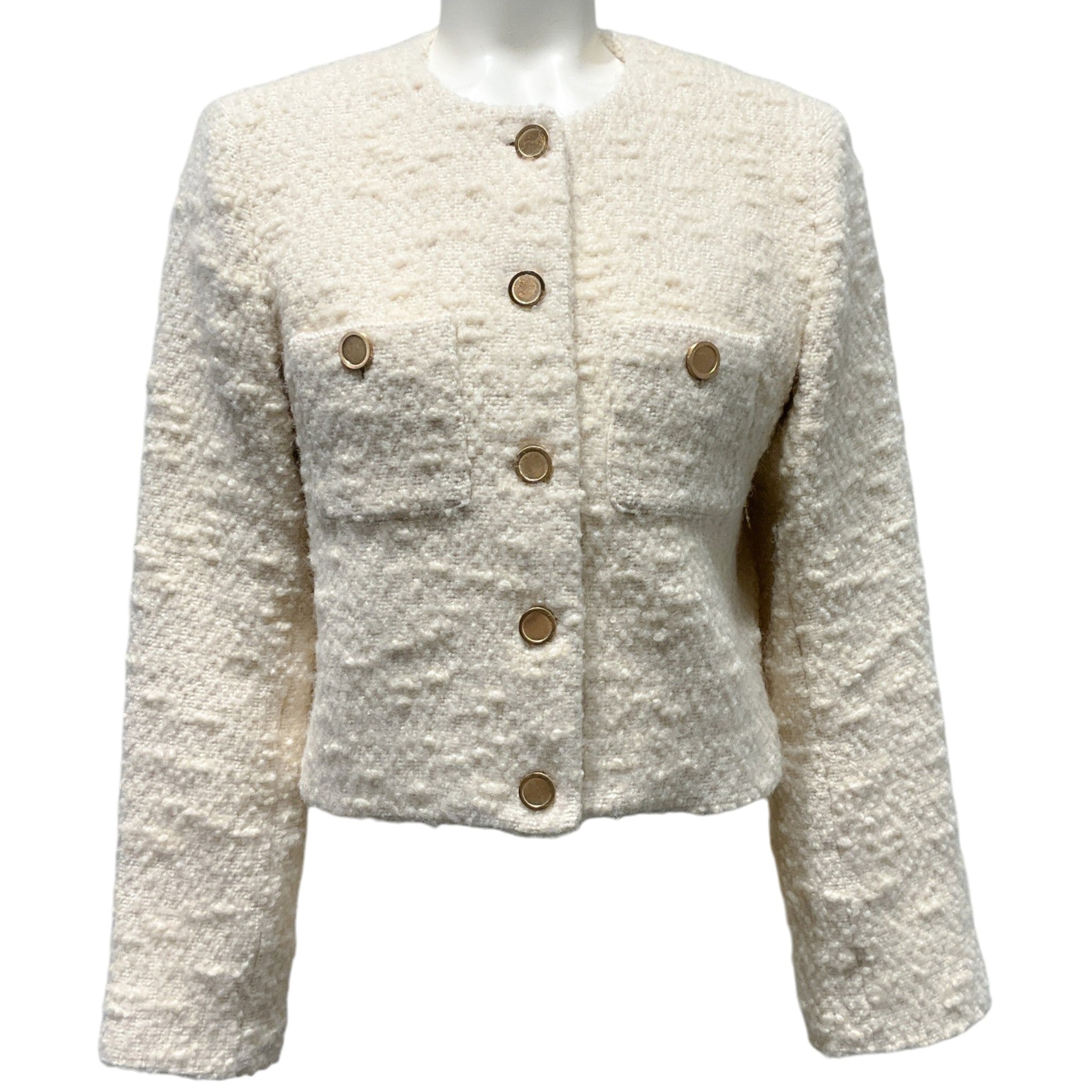 Frame Ecru Tweed Button Front Cropped Jacket
