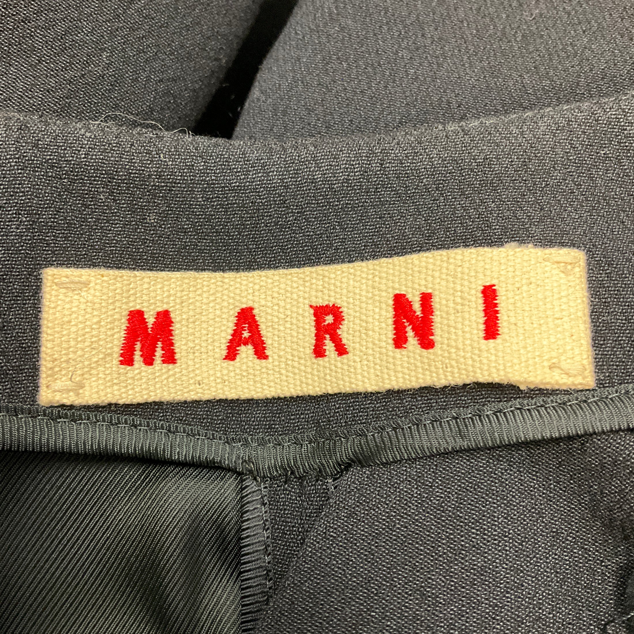 Marni Navy Collarless Round Neck Ruffled Hem Wool Coat