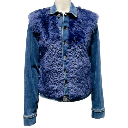 L'Agence Blue Denim Carolina Jacket with Blue Shearling Vest Overlay
