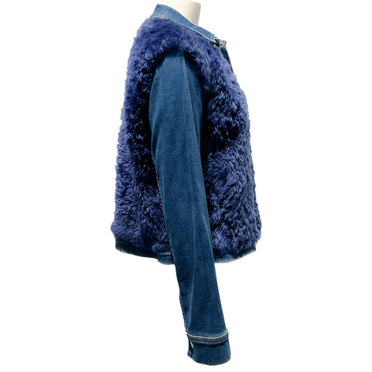 L'Agence Blue Denim Carolina Jacket with Blue Shearling Vest Overlay